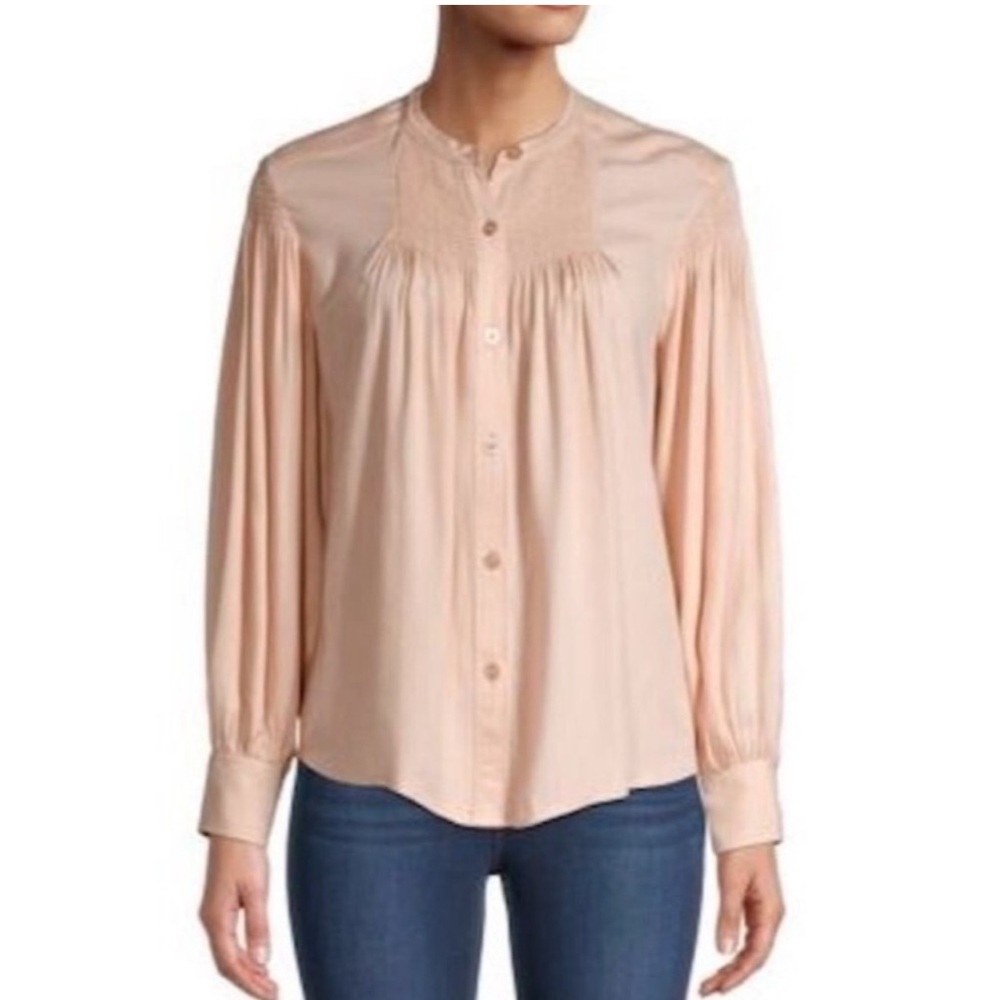 REBECCA TAYLOR Smocked Twill Long Sleeve Button Up Blouse Top Size Small